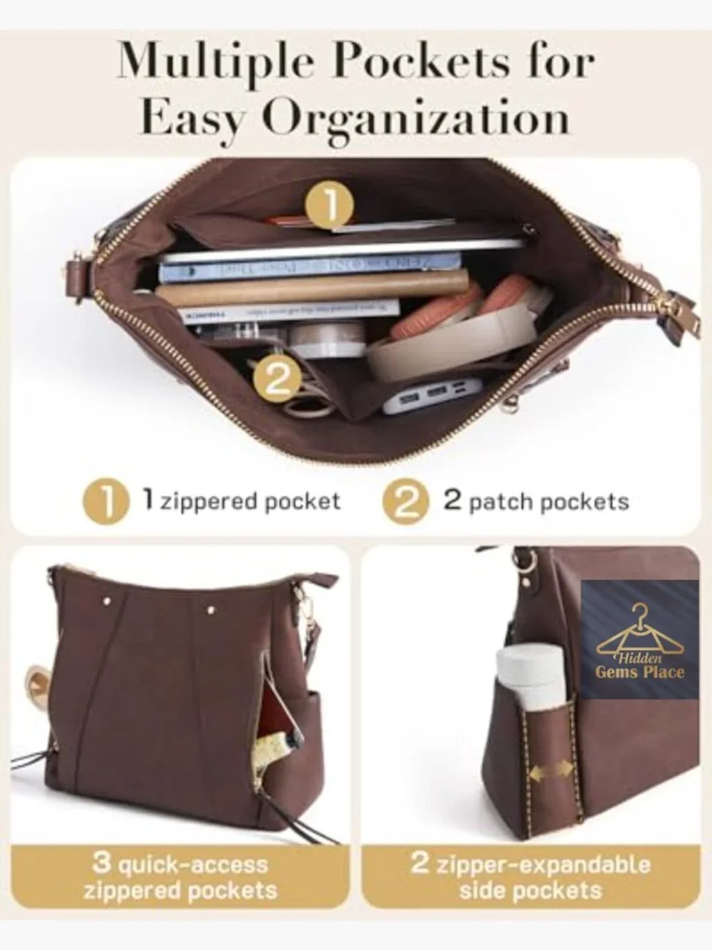 Large Vegan Leather Hobo Bag Crossbody Shoulder Tote Multi-Pockets